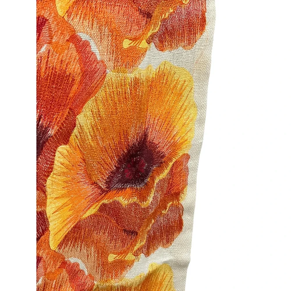 Crate & Barrel Poppy Embroidered Table Runner Orange Yellow Floral 14x60in